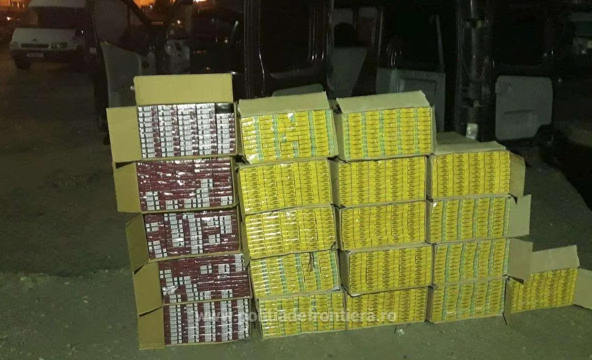 Peste 11.500 pachete țigări transportate într-un microbuz, confiscate de polițiștii de frontieră