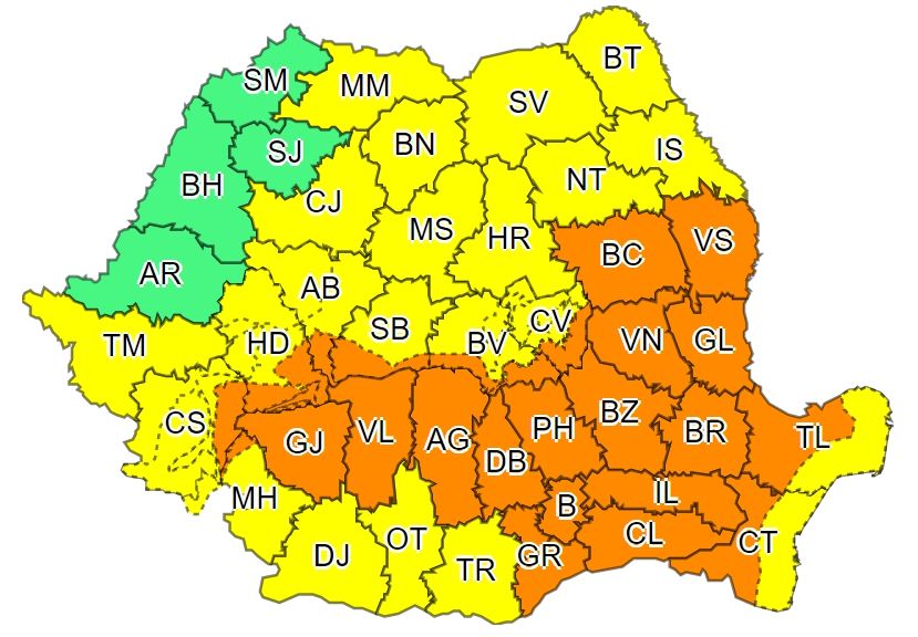 O nouă atenționare de cod galben de cantități de apă însemnate și manifestări de instabilitate atmosferică în Satu Mare