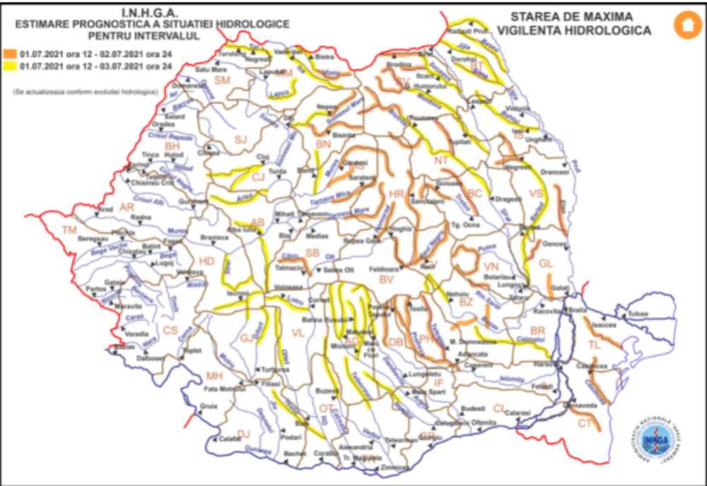 Hidrologii au emis noi avertizări COD GALBEN și COD PORTOCALIU de inundații pe mai multe râuri din țară, valabile până săptămâna viitoare